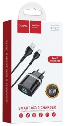Сетевое зарядное устройство - Hoco C12Q - с шнуром Type-C - 1USB QC3.0 2.4A - черное