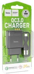 Сетевое зарядное устройство - Hoco C72Q с шнуром Type-C - 1USB 3A - черное