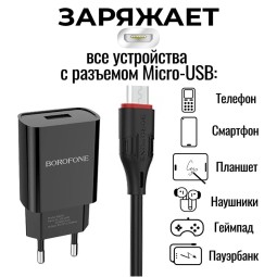 Сетевое зарядное устройство с шнуром Borofone BA20A 1USB 2.1A +шнур Micro черный