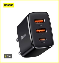 Зарядный блок 3в1 с быстрой зарядкой Baseus Super Si Quick Charger 2USB/1C 30W, черное, EU