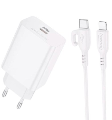 Cетевое зарядное устройство Borofone BA21A Pro с шнуром Type-C на Lightning 1C/20W белое