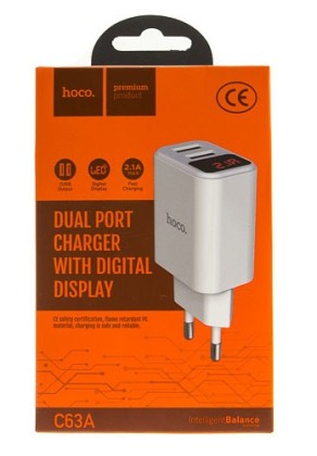 Сетевое зар. устр. Hoco C63A 2USB Display 2.1A белое