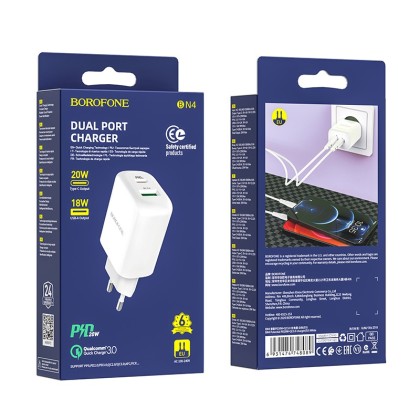 Сетевое зар. устр. Borofone BN4 1USB 18W 1C 20W белое